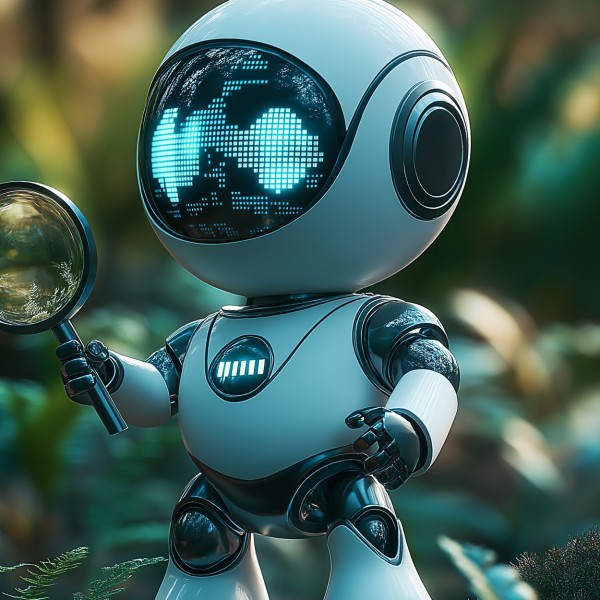 Ein Roboter mit Lupe steht suchend im Dschungel