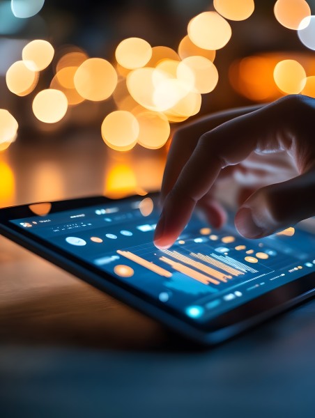 Eine Hand hält ein Blatt mit Tabelle, dahinter zwei Bildschirme mit geöffneten Analyse-Tools